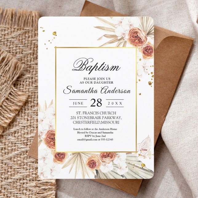 Tropical Terracotta Dried Palm Leaf Gold Frame Invitation (Creator Uploaded)