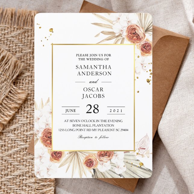 Tropical Terracotta Dried Palm Leaf Gold Frame Invitation (Creator Uploaded)