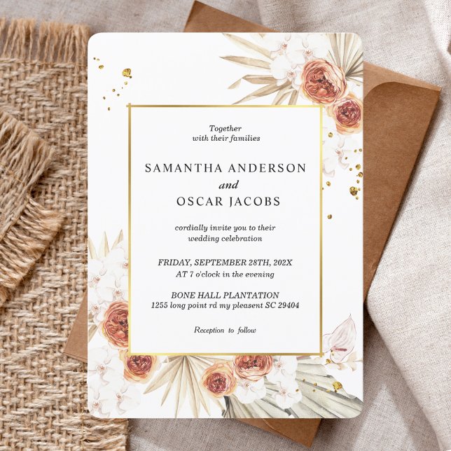 Tropical Terracotta Dried Palm Leaf Gold Frame Invitation (Creator Uploaded)