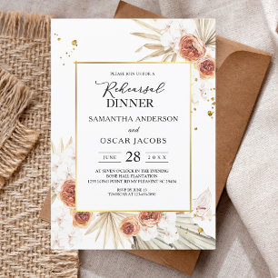 Tropical Terracotta Dried Palm Leaf Gold Frame Invitation