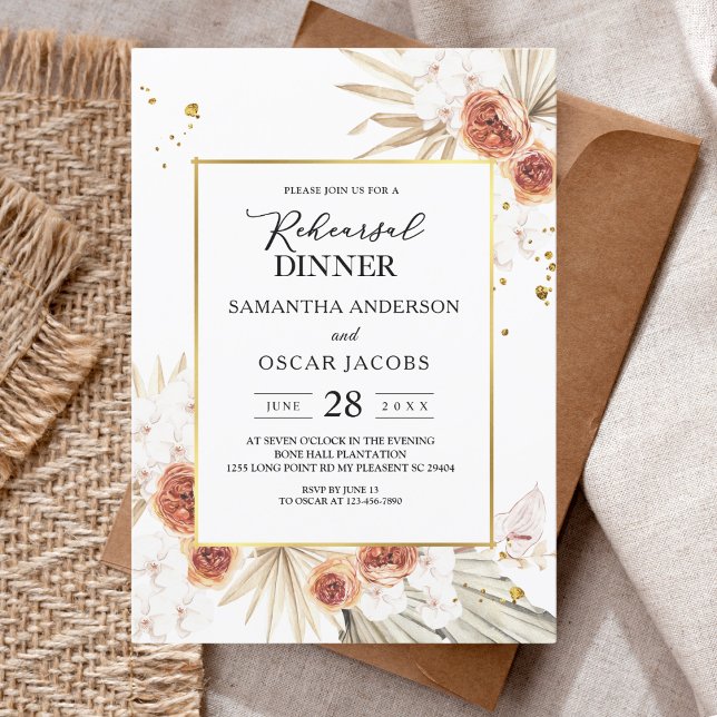 Tropical Terracotta Dried Palm Leaf Gold Frame Invitation (Creator Uploaded)