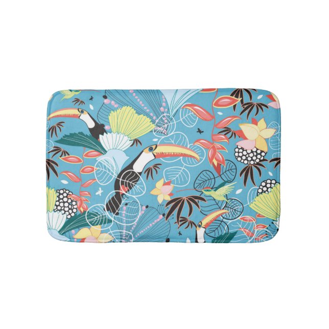 Tropical Texture With Toucans and Hummingbirds Bath Mat (Front)