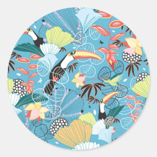 Tropical Texture With Toucans and Hummingbirds Classic Round Sticker