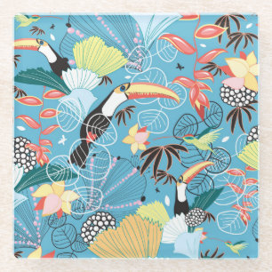 Tropical Texture With Toucans and Hummingbirds Glass Coaster