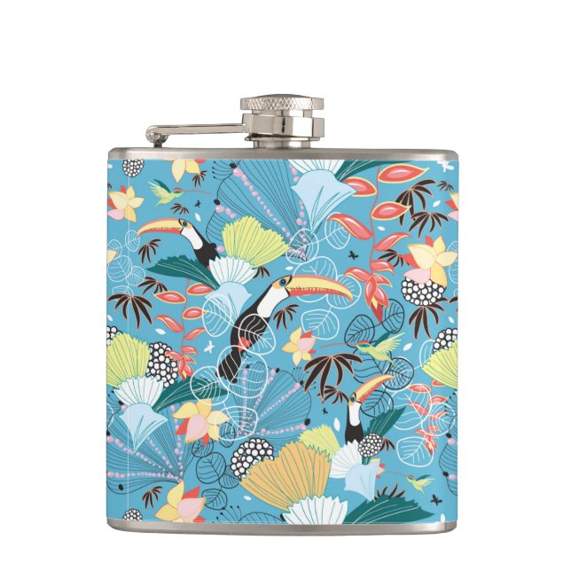 Tropical Texture With Toucans and Hummingbirds Hip Flask (Front)