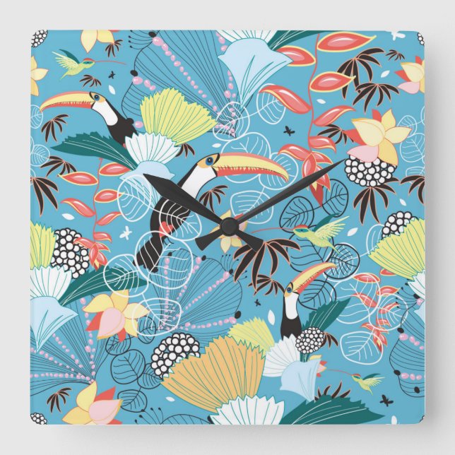 Tropical Texture With Toucans and Hummingbirds Square Wall Clock (Front)