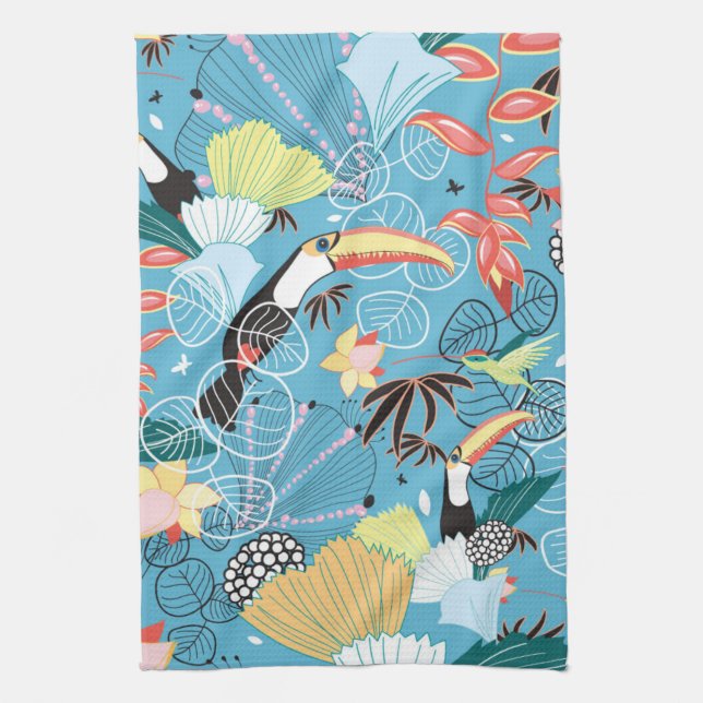 Tropical Texture With Toucans and Hummingbirds Tea Towel (Vertical)