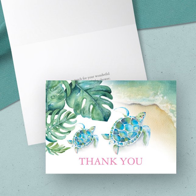 Tropical Thank You Card Watercolor Sea Turtle (Thank you card tropical watercolor sea turtle and palm leaf art by Victoria Grigaliunas DoTellABelle)