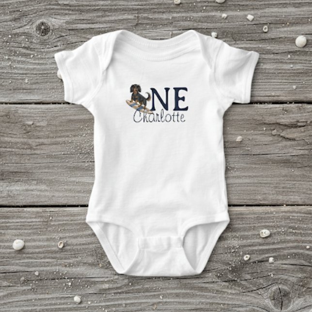 Tropical The Big One Surf Dachshund Birthday Baby Bodysuit (Celebrate your little one’s special day with this Tropical The Big One Surf Dachshund Birthday!)