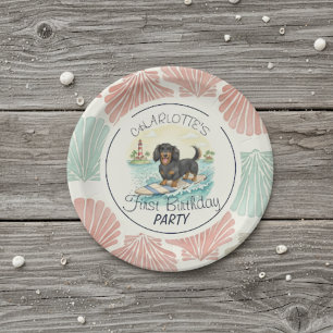 Tropical The Big One Surf Dachshund Birthday Paper Plate