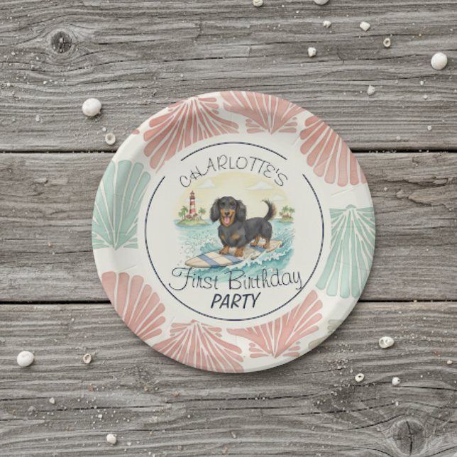 Tropical The Big One Surf Dachshund Birthday Paper Plate (Celebrate your little one’s special day with this Tropical The Big One Surf Dachshund Birthday!)