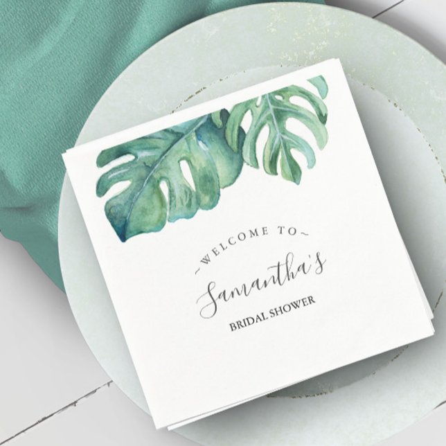 Tropical Theme Bridal Shower Palm Leaves Napkin (Personalized napkins tropical bridal shower watercolor monstera leaf by Victoria Grigaliunas)