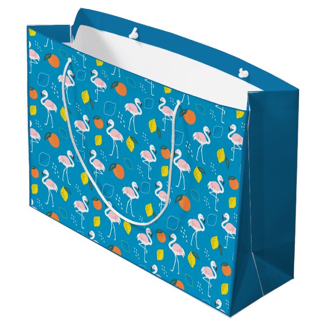 Tropical Theme Flamingo Fruits on Blue Background  Large Gift Bag (Back Angled)
