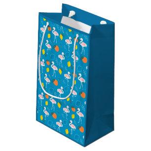 Tropical Theme Flamingo Fruits on Blue Background Small Gift Bag