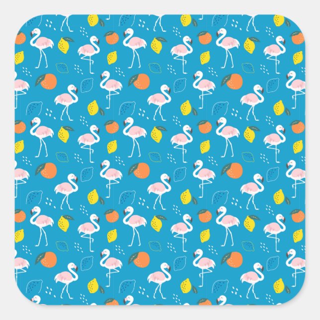 Tropical Theme Flamingo Fruits on Blue Background  Square Sticker (Front)