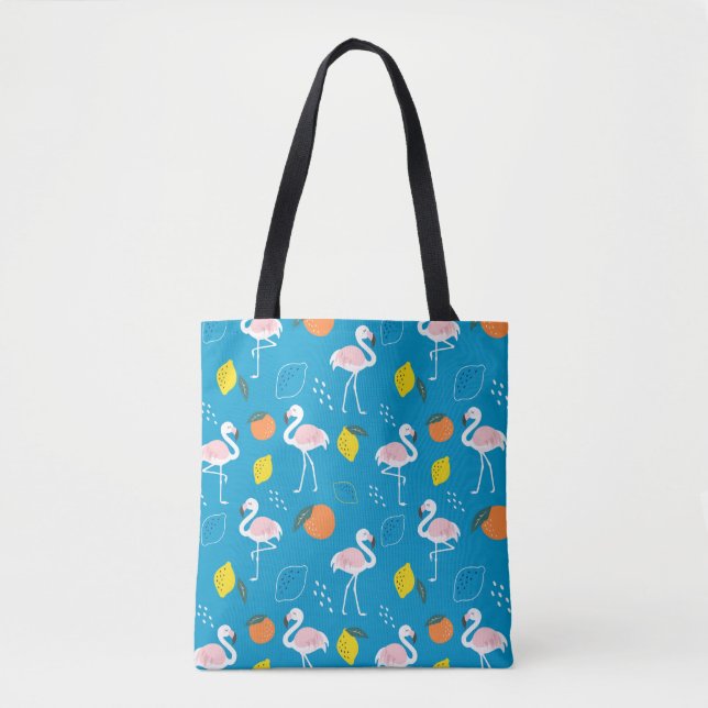 Tropical Theme Flamingo Fruits on Blue Background Tote Bag (Front)