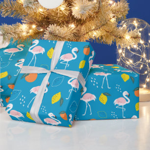 Tropical Theme Flamingo Fruits on Blue Background Wrapping Paper