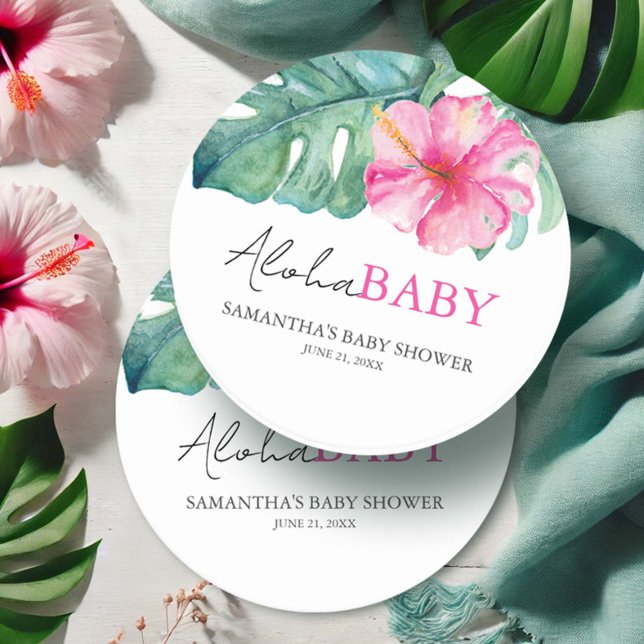 Tropical Theme Girl Baby Shower Round Paper Coaster (Baby shower favors tropical hibiscus flowers and palm leaves art by Victoria Grigaliunas)
