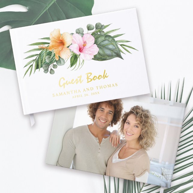 Tropical Theme Wedding with Your Photo Guest Book (Beautiful detailing with real gold foil!)