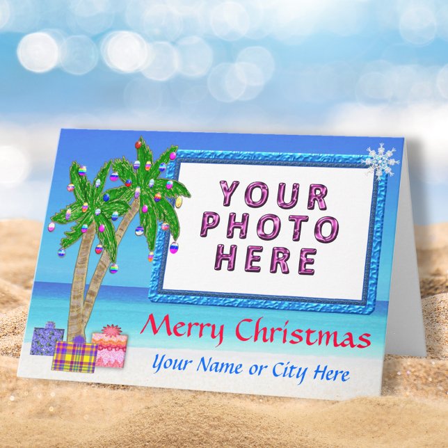 Tropical Themed "Add a PHOTO Christmas Cards" Holiday Card (Beach themed Christmas Cards, with Your Photo. Beach Christmas Cards. Palm Trees, Presents. )