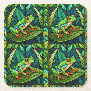 Tropical-themed coasters with vibrant green leaves