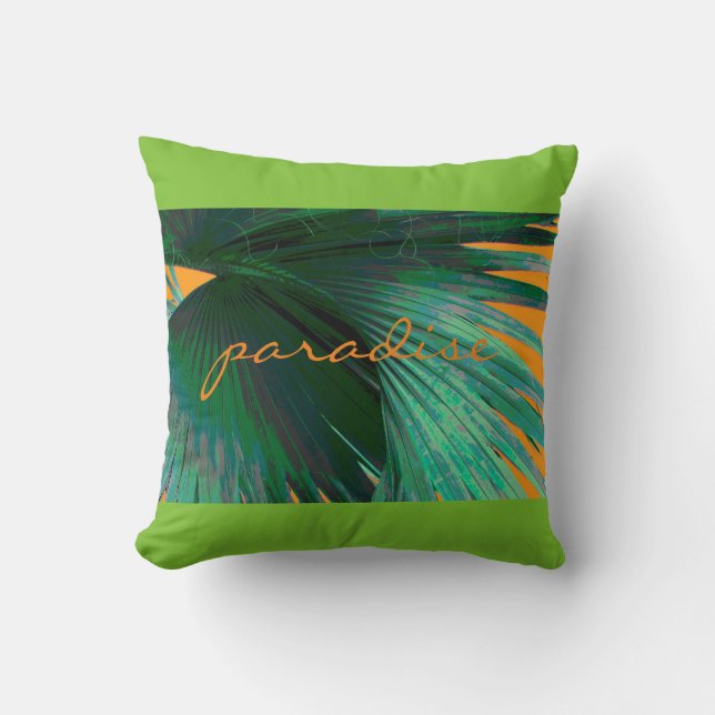 tropical throw pillow palm leaf with text on green (Front)