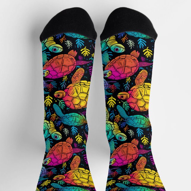 Tropical Tides - Colourful Psychedelic Turtles Socks (Top)