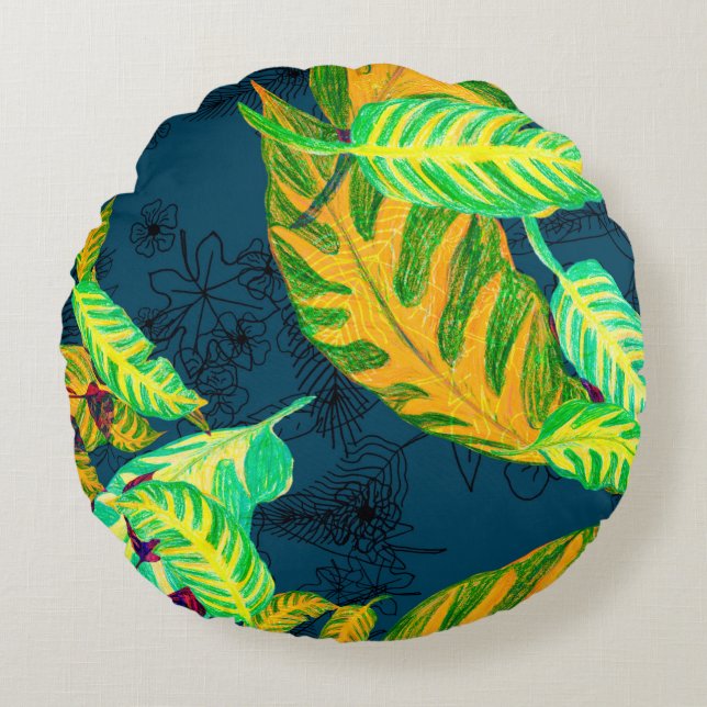 Tropical Tie Dye Blue Gouache. Tropical Pattern. G Round Cushion (Front)