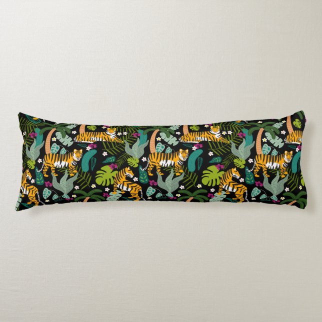 Tropical Tiger Black Botanical Jungle Safari Cats Body Cushion (Front)
