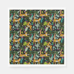 Tropical Tiger Black Botanical Jungle Safari Cats Napkin