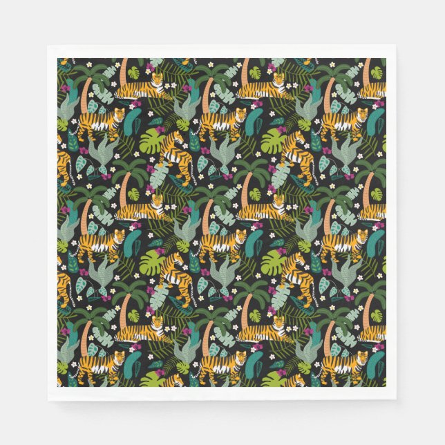 Tropical Tiger Black Botanical Jungle Safari Cats Napkin (Front)