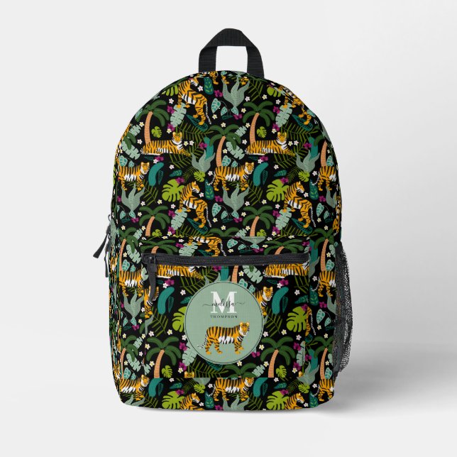 Tropical Tiger Black Botanical Jungle Safari Cats Printed Backpack (Front)