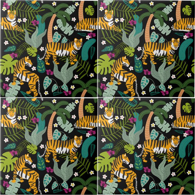Tropical Tiger Black Botanical Jungle Safari Cats Tile (Tropical Tiger Black Botanical Jungle Safari Cats Ceramic Tile)
