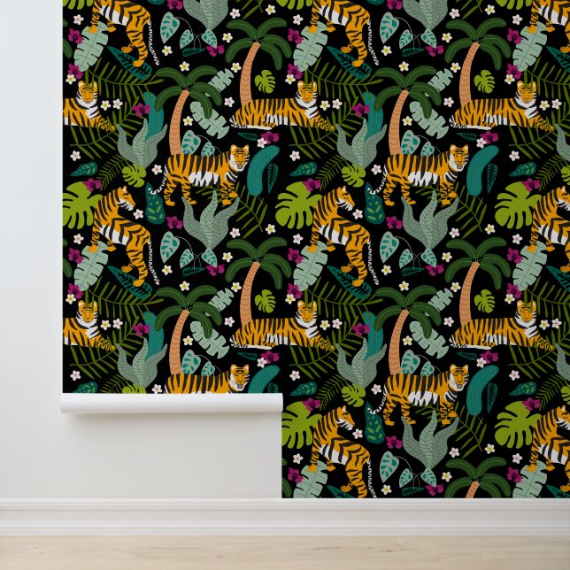Tropical Tiger Black Botanical Jungle Safari Cats Wallpaper (Application)