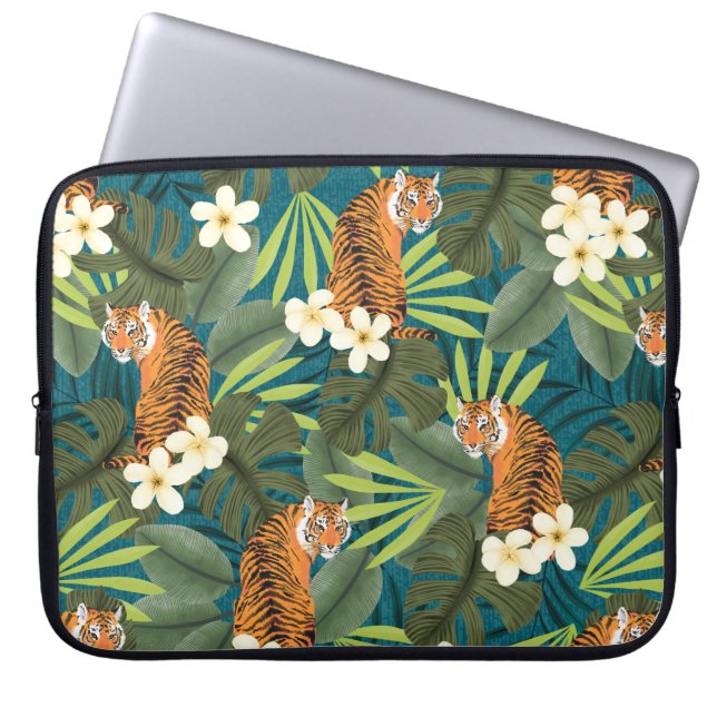 Tropical Tiger Hawaiian Palm Jungle Teal Wetsuit Laptop Sleeve (Front)