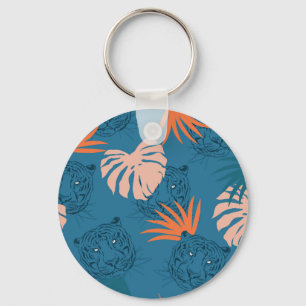 Tropical Tiger Leaves Deep Blue Key Ring