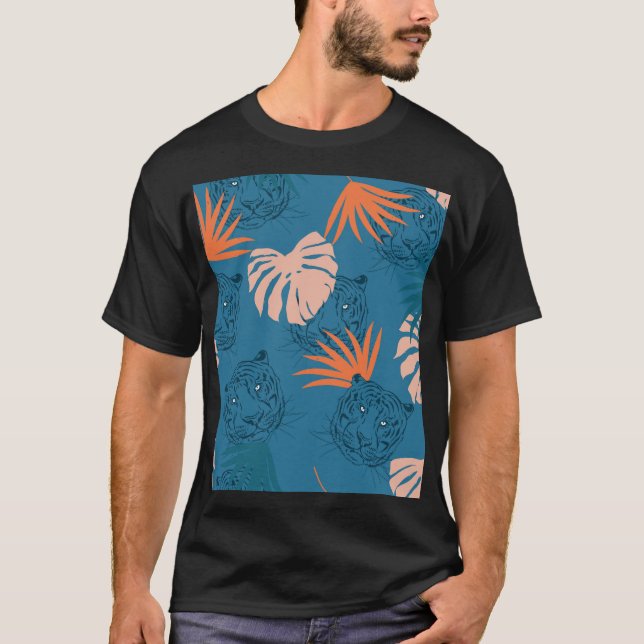 Tropical Tiger Leaves Deep Blue T-Shirt (Front)