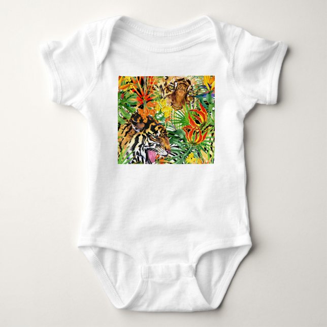 Tropical Tiger Watercolor Jungle Pattern Baby Bodysuit (Front)