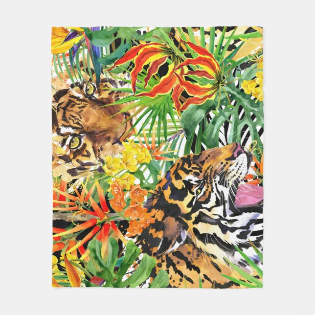 Tropical Tiger Watercolor Jungle Pattern Fleece Blanket (Front)