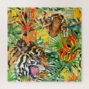 Tropical Tiger Watercolor Jungle Pattern Jigsaw Puzzle
