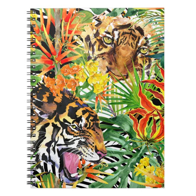 Tropical Tiger Watercolor Jungle Pattern Notebook (Front)