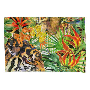 Tropical Tiger Watercolor Jungle Pattern Pillowcase