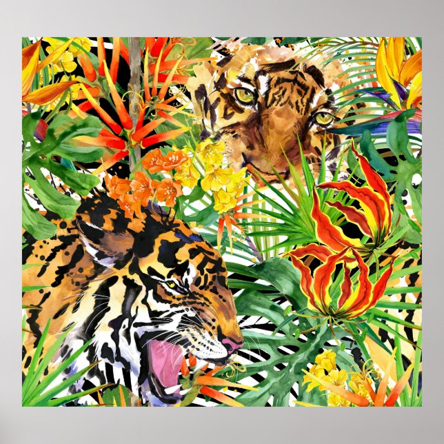 Tropical Tiger Watercolor Jungle Pattern Poster (Front)