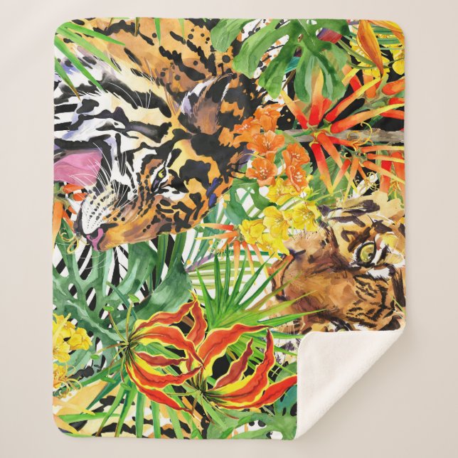 Tropical Tiger Watercolor Jungle Pattern Sherpa Blanket (Front)