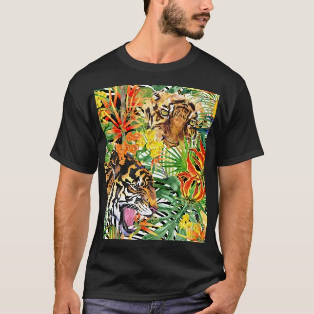 Tropical Tiger Watercolor Jungle Pattern T-Shirt (Front)