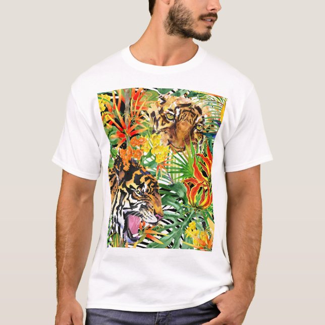 Tropical Tiger Watercolor Jungle Pattern T-Shirt (Front)