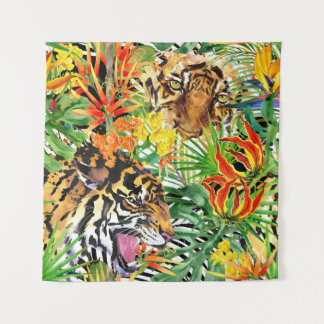 Tropical Tiger Watercolor Jungle Pattern Tapestry
