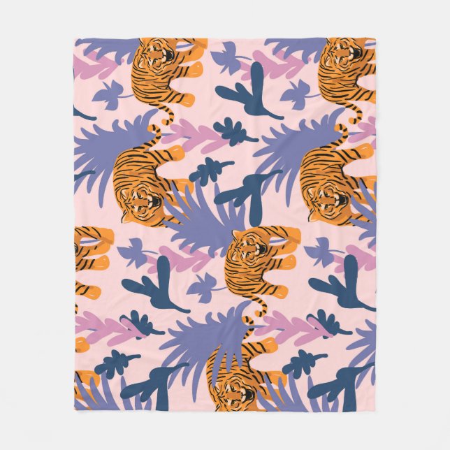 Tropical Tigers Jungle Vintage Pattern Fleece Blanket (Front)