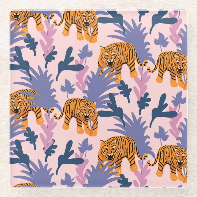 Tropical Tigers Jungle Vintage Pattern Glass Coaster (Front)