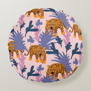 Tropical Tigers Jungle Vintage Pattern Round Cushion